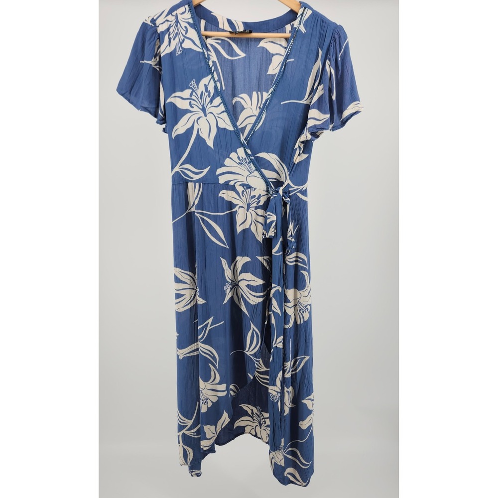 Angie Blue Floral Tropical Wrap Dress Short Sleeve Midi Hi‎ Lo Lily Print Medium